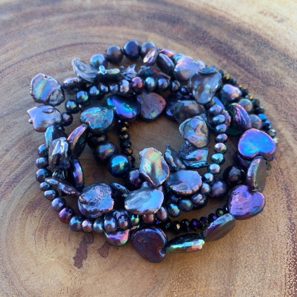 Natural Black Peacock Baroque Freshwater Pearl Cultured Bead Bracelet Stack - Picture 2 of 10